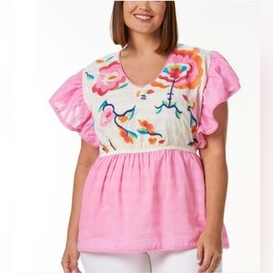 Cato Pink Multicolor Embroidered Short Sleeve Top XL